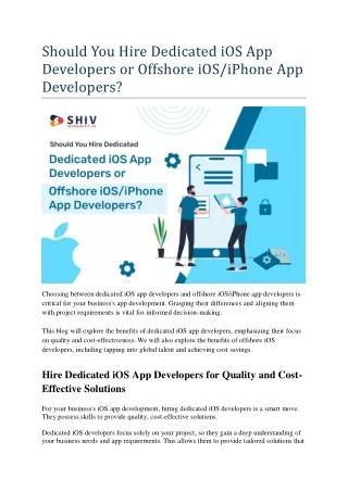 Hire Dedicated iOS App Developers-Offshore Developers: Making the Right Choice