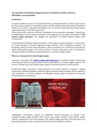 The Advantages of PSA Medical Oxygen Generators in Healthcare Facilities