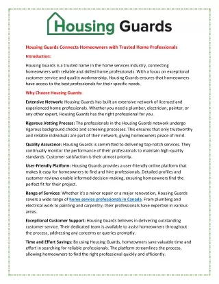 Housing Guards Connects Homeowners with Trusted Home Professionals