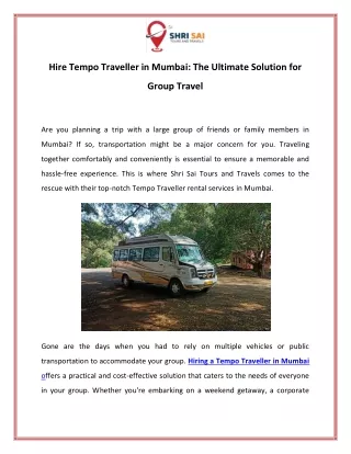 Hire Tempo Traveller in Mumbai The Ultimate Solution for Group Travel