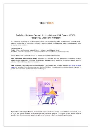 TechyBex Database Support Services Microsoft SQL Server, MYSQL, PostgreSQL, Oracle and MongoDB