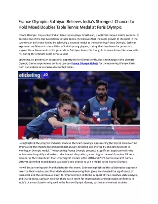 France Olympic  Sathiyan Believes India's Strongest Chance to Hold Mixed Doubles Table Tennis Medal at Paris Olympic