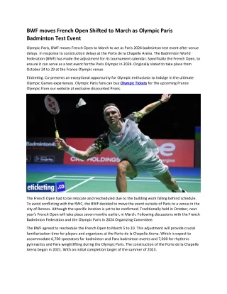 BWF moves French Open Shifted to March as Olympic Paris Badminton Test Event