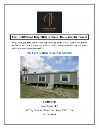 Fha Certification Inspection Services  Housesmartretro.com