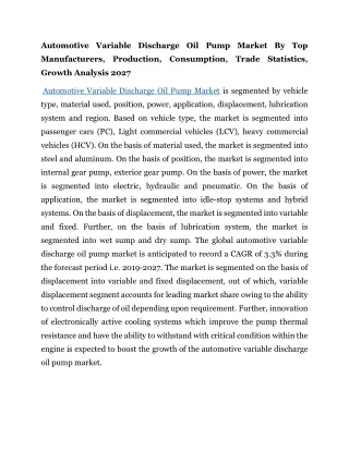 Automotive Variable Discharge Oil Pump Market | Growth Analysis 2027