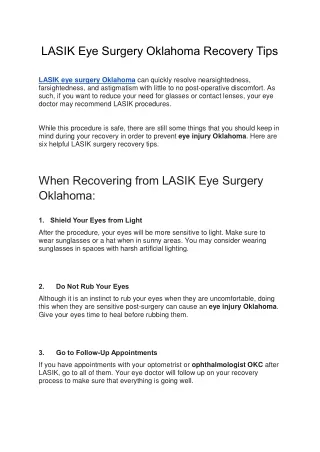 LASIK Eye Surgery Oklahoma Recovery Tips