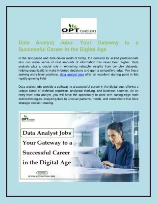 Data Analyst Jobs- Your Gateway to a Successful Career in the Digital Age