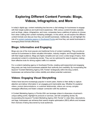 Exploring Different Content Formats: Blogs, Videos, Infographics, and More