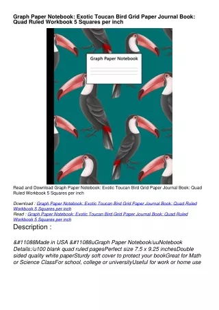 Read ebook PDF Graph Paper Notebook: Exotic Toucan Bird Grid Paper Journal Book: Quad Ruled Workbook 5 Squares per inch