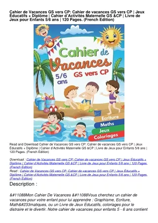 DOWNLOAD/PDF Cahier de Vacances GS vers CP: Cahier de vacances GS vers CP | Jeux Éducatifs   Diplôme | Cahier d’Activité