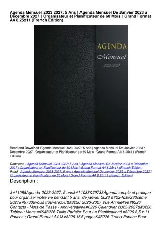 PDF_  Agenda Mensuel 2023 2027: 5 Ans | Agenda Mensuel De Janvier 2023 a Décembre 2027 | Organisateur et Planificateur d