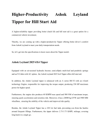 Higher-Productivity Ashok Leyland Tipper for Hill Start Aid