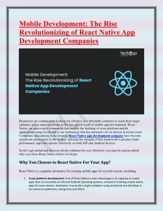 Mobile Development-The Rise Revolutionizing of React Native App Development Companies