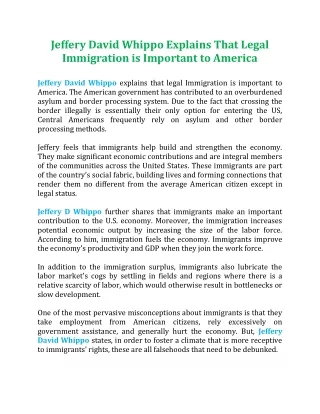 Jeffery David Whippo Explains That Legal Immigration is Important to America