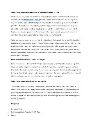 Swine Pneumonia Market would rise to USD 859.18 million by 2030