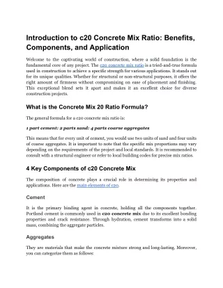 Introduction to C20 Concrete Mix Ratio_ Benefits, Components, and Application