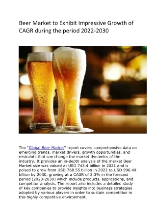 Beer Market to Exhibit Impressive Growth of CAGR during the period 2022