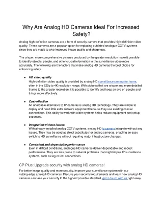 Why Are Analog HD Cameras Ideal For Increased Safety