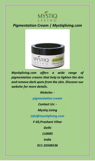 Pigmentation Cream  Mystiqliving