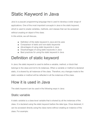 Static Keyword in Java