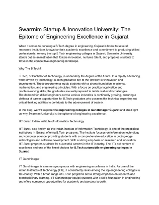 Swarrnim Startup & Innovation University: The Epitome of Engineering Excellence