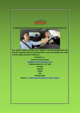 Professional Driving Instruction Virginia  Horizondrivingschool com