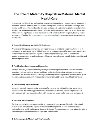 The Role of Maternity Hospitals in Maternal Mental Health Care