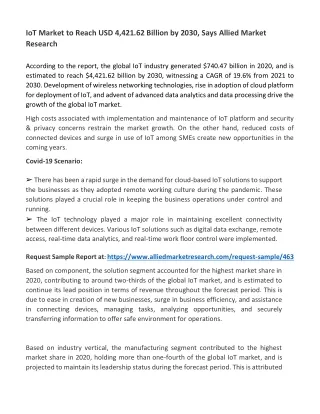 IoT Market to Reach $4,421.62 Bn, Globally, by 2030 at 19.6% CAGR: AMR