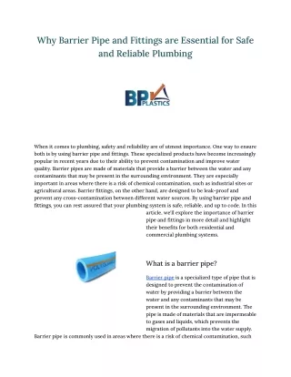 Why Barrier Pipe and Fittings are Essential for Safe and Reliable Plumbing