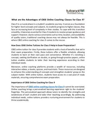 What are the Advantages of CBSE Online Coaching Classes for Class 9?