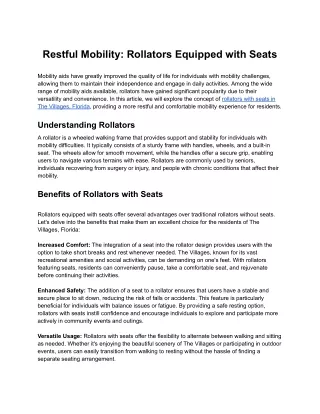 Restful Mobility: Rollators Equipped with Seats