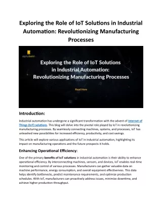 Exploring the Role of IoT Solutions in Industrial Automation