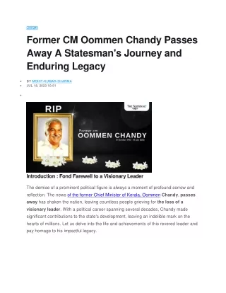 Former CM Oommen Chandy Passes Away A Statesman's Journey and Enduring Legacy