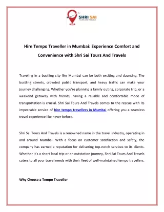 Hire Tempo Traveller in Mumbai Experience Comfort and Convenience with Shri Sai Tours And Travels