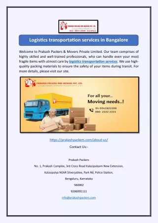 Logistics transportation services in Bangalore