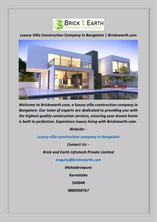 Luxury Villa Construction Company In Bangalore  Bricknearth