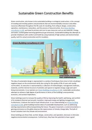 Sustainable Green Construction Benefits