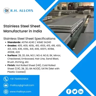 Stainless Steel Sheet, plate, and coil are available from the Indian company R H