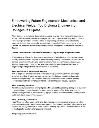 Empowering Future Engineers in Mechanical and Electrical Fields:  Top Diploma En