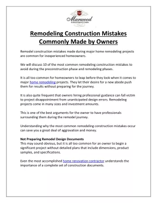 Remodeling Construction Mistakes Commonly Made by Owners