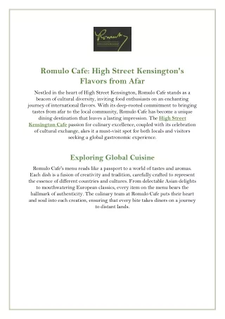 High Street Kensington Cafe | RomuloCafe.co.uk
