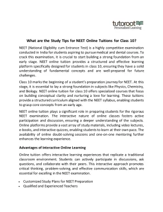 What are the Study Tips for NEET Online Tuitions for Class 10?