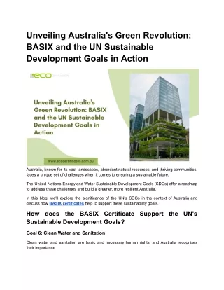 Unveiling Australia's Green Revolution: BASIX and the UN Sustainable Development