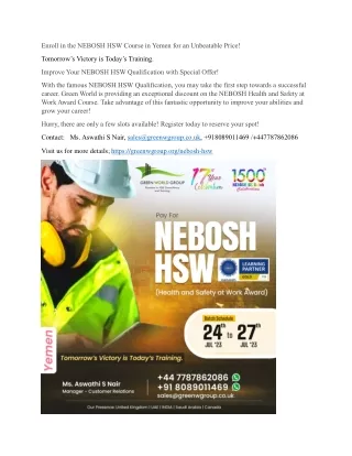 Enroll in the NEBOSH HSW Course in Yemen for an Unbeatable Price