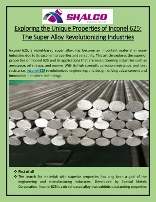 Exploring the Unique Properties of Inconel 625: The Super Alloy Revolutionizing