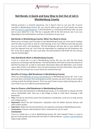 Bail Bonds in Mecklenburg County, NC How to Get Out of Jail Fast