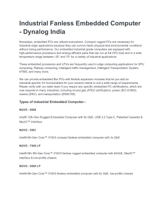 Industrial Fanless Embedded Computer - Dynalog India