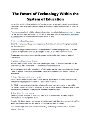 The Future of Technology Within the System of Education