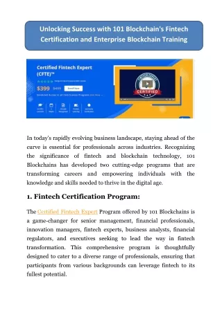 Unlocking Success with 101 Blockchain's Fintech Certification and Enterprise Blockchain Training