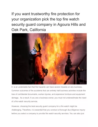 If you want trustworthy fire protection for your organization pick the top fire watch security guard company in Agoura H